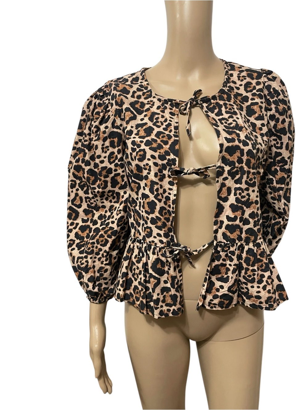 Sim & Sam Leopard Print Babydoll Peplum Tie Front Long Puff Sleeve Boho Top SZ M - Picture 6 of 16